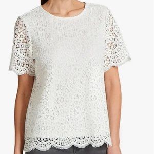 Philosophy White Crochet Overlay Short Sleeve Scalloped Hem Blouse Women's Small